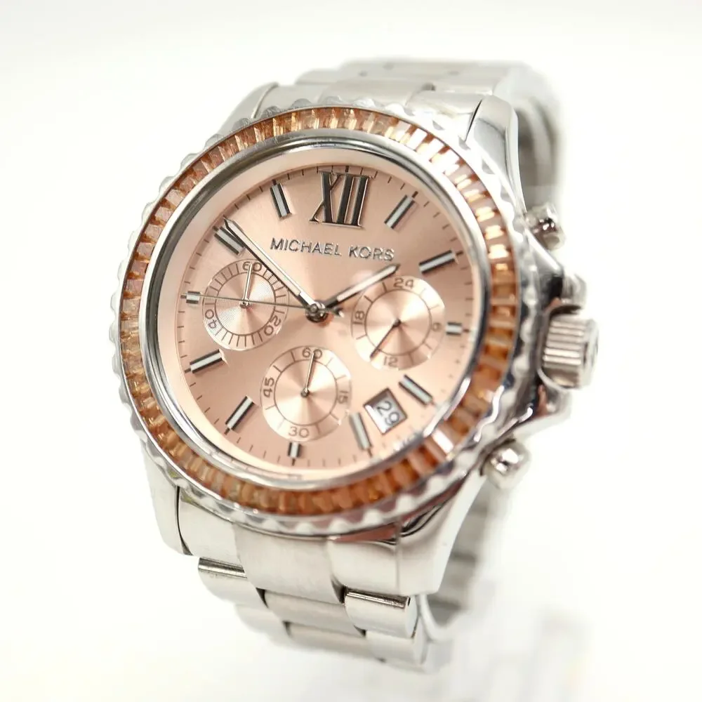 Michael Kors Silver Tone 42mm Chronograph Watch Rose Salmon MK5870 New Battery